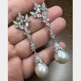 1960's 18K White Gold & Platinum Diamond and South Sea Pearl Earrings