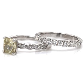 14K White Gold GIA Certified Fancy Diamond Ring w/ Anniversary Band