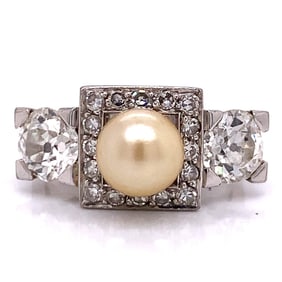 Art Deco Platinum Natural Pearl and Diamond Ring