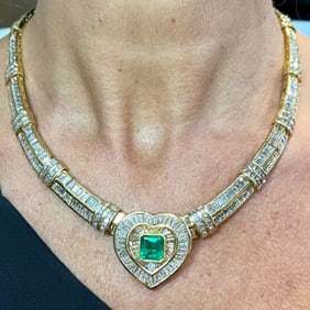 18K Yellow Gold Emerald and Diamond Necklace