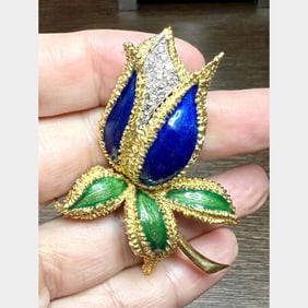 18K Yellow Gold & Platinum Diamond Flower Brooch