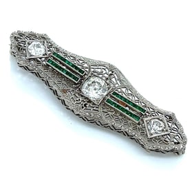 1950's 14K White Gold Filigree Diamond & Emerald Brooch