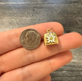 Vintage Enamel Flower and 14K Gold Cow Bell Charm