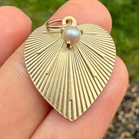 Vintage 14K Gold and Pearl Engine Turned Heart Charm
