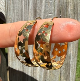 Vintage Wide 18K Gold Hoops with Cut-Out Stars