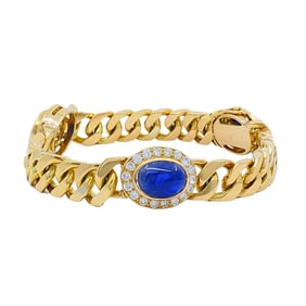 Vintage French 18k Gold Bracelet Curb Link Sapphire
