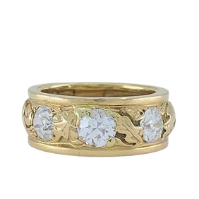 Vintage Diamond Band 14k Gold Leaf Motif Ring