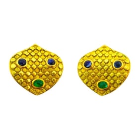Vintage French Earrings 18k Gold Emerald Sapphire Signed JW