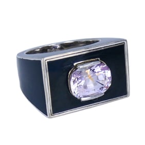 Vintage 18k White Gold Pink Sapphire Black Enamel Ring