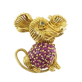 Tiffany & Co. 18K Gold Ruby Emerald Mouse Brooch