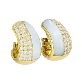 Vintage Bvlgari 18k Gold Diamond Mother of Pearl Hoop Earrings
