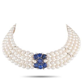 Adler 18K White Gold 0.30ct Diamond and Synthetic Sapphire 4-Strand Pearl Choker Necklace AD16-05162