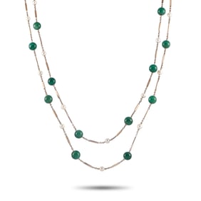 LB Exclusive Antique 14K Yellow Gold Jade and Pearl Long Necklace MF04-051625