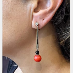 Art Deco 18K & Platinum Diamond, Coral, and Onyx Earrings