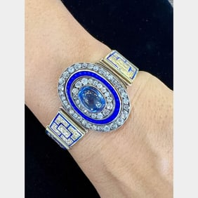 Art Deco 14K Yellow Gold Synthetic Sapphire & Diamond Bracelet