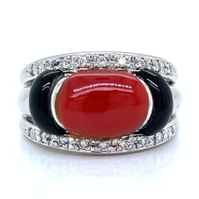 Platinum Diamond, Coral, and Onyx Ring