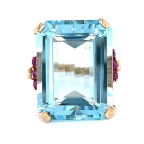 1960's 14K Yellow Gold 32.00 Ct. Aquamarine & Burma Ruby Ring