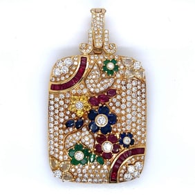 18K Yellow Gold Ruby, Emerald, Sapphire, & Diamond Pendant