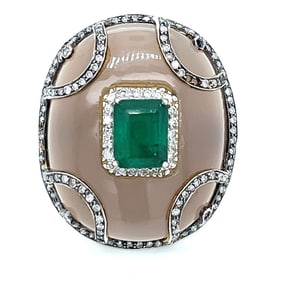 18K Yellow Gold & Silver Emerald and Diamond Ring