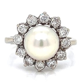 18K White Gold Cultured Pearl & Diamond Ring