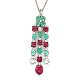 18K White Gold CISGEM Certified Rubelite, Emerald, and Diamond Necklace