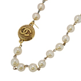 Chanel Necklace Coco Mark Circle GP Plated Fake Pearl Gold Ladies