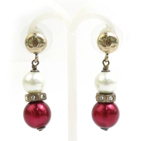 CHANEL Earrings Coco Mark Metal Faux Pearl Gold Off-White Burgundy Women's e60465g