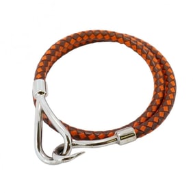 Hermes Bracelet Jumbo Hook Metal Leather Silver Orange Brown Ladies