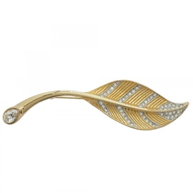 Christian Dior Brooch Leaf Motif GP Plated Rhinestone Gold Ladies