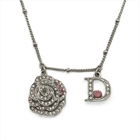Christian Dior Dior Flower Motif Necklace Metal Rhinestone Silver Pink Rose Women's
