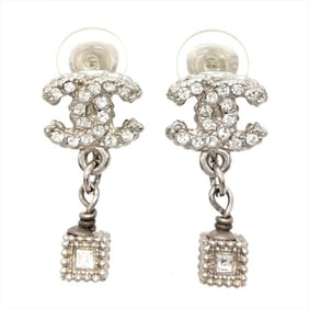 CHANEL Coco Mark Rhinestone Earrings Metal A11A Silver