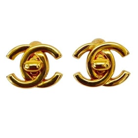 CHANEL Turnlock Earrings Gold Color