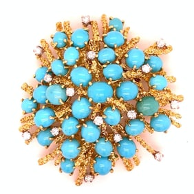 18K Yellow Gold Persian Turquoise & Diamond Brooch