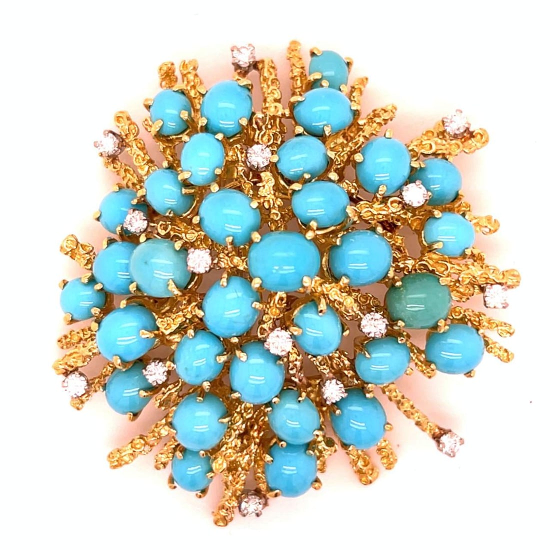 18K Yellow Gold Persian Turquoise & Diamond Brooch  (1 of 2)