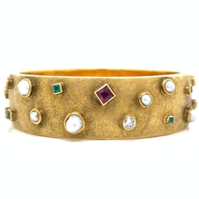 18K Yellow Gold Natural Pearl, Ruby, Emerald, Sapphire, and Diamond Bangle