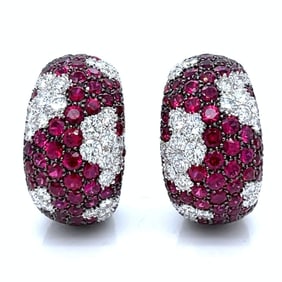18K White Gold Ruby & Diamond Huggie Earrings