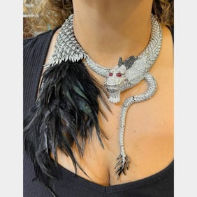 French 18K White Gold Diamond & Ruby Dragon Necklace