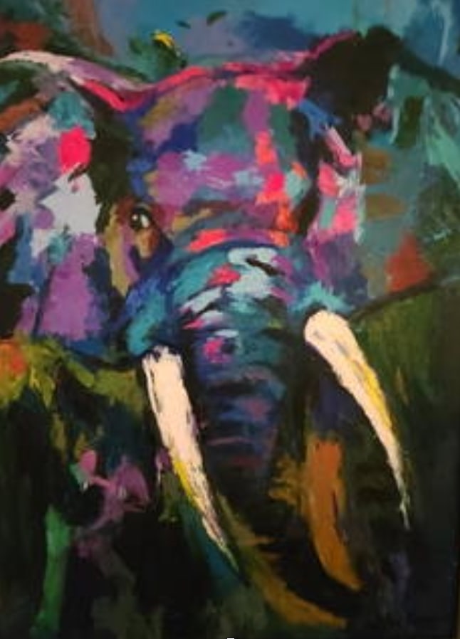 Leroy Neiman - Portrait of an Elephant: Measurements framed: ~40â€ x 32â€ / Condition: Excellent / RESERVE: Very low. This richly colored mosaic Portrait of an Elephant is an original oil on canvas in the m