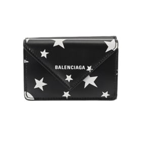 BALENCIAGA Paper Mini Wallet Star Pattern Black/White 391446 Unisex Leather Tri-fold
