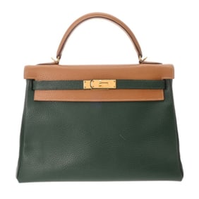 HERMES Kelly 32 Inner Stitching 2WAY Bicolor Natural/Green F Stamp (around 2002) Women's Ardennes