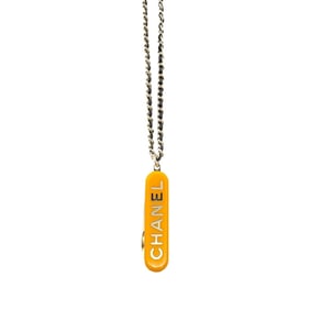 CHANEL Comb Mirror Necklace Champagne Gold Yellow Black B22K Plastic Leather