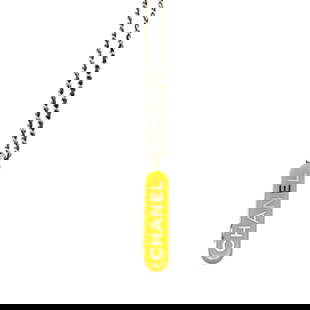 CHANEL Comb Mirror Necklace Champagne Gold Yellow Black B22K Plastic Leather: Category: SizeWeight: 68.8g / 2.42oz.Pendant Size: 61mm x 18mm / 2.4'' x 0.7''Neck Circumference: 56.5 cm - 64 cm / 22.24'' - 25.19''Category: DesignColor: Black, Gold, YellowGender: Women,Men,UnisexM