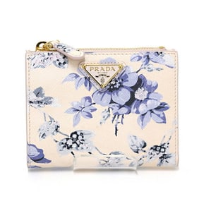 Prada Saffiano Leather Flower Print Bi-fold Wallet Ivory/Light Blue 1ML050 F-04717
