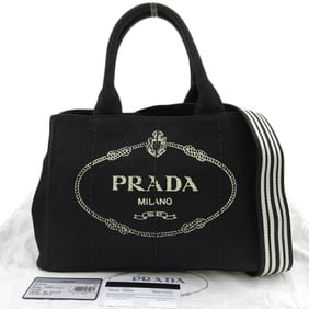 PRADA Canapa Tote 1BG439 Bag Handbag Canvas Black Medium Stripe