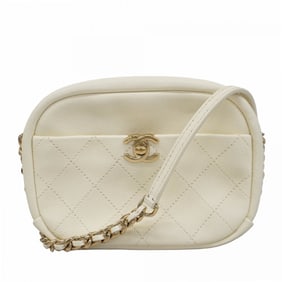 Chanel Shoulder Bag Matelasse Chain Goatskin White Champagne Ladies
