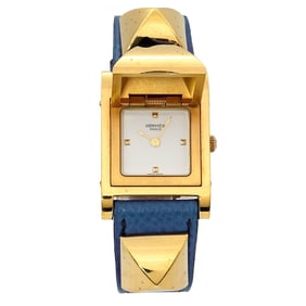 Hermes Medor Women's Watch Pyramid Gold Studs White Blue Leather Quartz