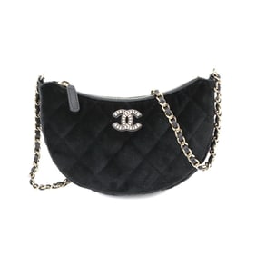 CHANEL Matelasse Half Moon Chain Shoulder Bag Velour Black Gold Metal Fittings Coco Mark