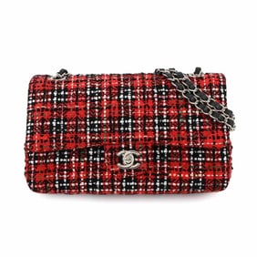 CHANEL Matelasse 25 Chain Shoulder Bag Tweed Leather Red Black A01112 Silver Hardware