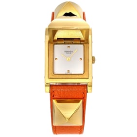 Hermes Medor Women's Watch Pyramid Gold Studs White Orange Leather Quartz