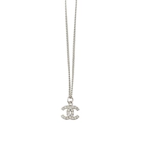 CHANEL Coco Mark Rhinestone Necklace Silver 09V